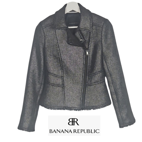 Banana Republic Moto Jacket Silver Tweed Metallic Asymmetrical Zip Jacket - Picture 2 of 8